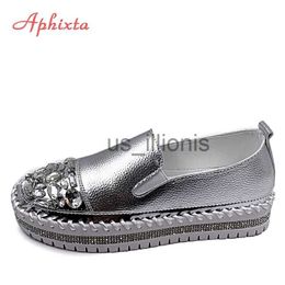 Dress Shoes Aphixta Crystals Round Toe Leather Flats Shoes Women Silver Bling Loafers Couple Platform Shoes Woman Flat With dents Size 43 J230727