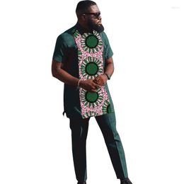 Men's Tracksuits Blackish Green Set Patchwork Tops With Pants African Party Wear Stylish Short Sleeve Collared Shirt Wedding Groom Suits