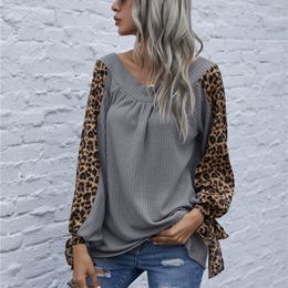 Womens Blouses Shirts Spring Autumn Knitted Stitching LaceUp Shirt Top Fashion Sexy VNeck Long Sleeve Leopard Patchwork Women Blouse 230726