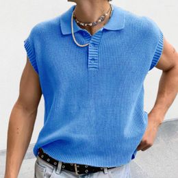 Men's Polos Leisure Solid Knitting Tops 2023 Summer Turn-down Collar Knit Vest Polo Shirts Fashion Sleeveless Buttoned Pullover Unisex