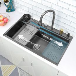 Waterfall Kitchen Sink Stainless Steel Sink Large Single Slot Above Mount Apron Front Dishwasher Smart Wash Basin Sink Faucet