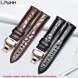 LPWHH Genuine Crocodile Leather Watchband 18mm 19mm 20mm 21mm 22mm Watches Strap Coffee Black Butterfly Buckle Watch Band207C