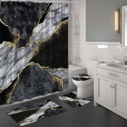 Shower Curtains Black Gold Marble Shower Curtain Set Bath Mats Rugs Crack Ink Texture Luxury Abstract Decorative Stone Print Bathroom Curtains 230727
