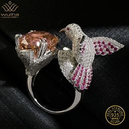 Wedding Rings WUIHA 925 Sterling Silver 13 16MM Padparadscha Corundum Created Hummingbird Ring for Women Fine Jewellery Drop 230726