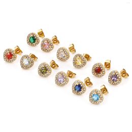 Stud Earrings Stainless Steel Heart Ear Post Gold Color Micro Pave Birthstone 10mm X Wire Size: (20 Gauge) 1 Pair