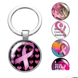 Keychains Lanyards Pink Ribbon Breast Cancer Awareness Glass Cabochon Keychain Bag Car Key Rings Holder Charms Sier Plated Chains Wo Dhzfn