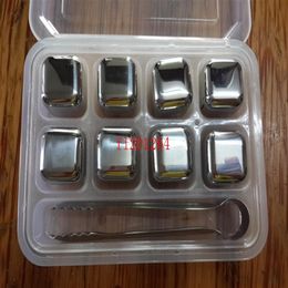 1set lot Stainless Steel Whisky Stones Ice Cubes Glacier Cooler Stone Whiskey Rocks 8pc ice cube 1pcs clip254v