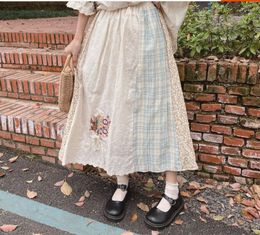 Skirts Japan Style Mori Girl Floral Print Lace Plaid Elastic Waist Cotton Embroidery Skirt Women