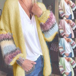 Women's Knits Spring Autumn Sweater Cardigan Colourful Striped Mohair Elegant Fashion Casual Oversized Tracksuit Female Knitted Coat