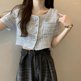 Women's Jackets Short Sleeve Blue Tweed Jacket Blusas Mujer Summer Crop Top Korean Style Y2k Shirt Femme Black White Button Shirts Women