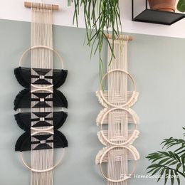 Decorative Objects Figurines Creative Wooden Round Cotton Wall Decoration Macrame Hanging Tapestry Hand Woven Simple Mandala Style For Room House Decor 230727