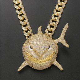 Gold Silver Colors Bling CZ Big Shark Pendant with CZ Cuban Chain for Men Punk Jewelry Gift2337
