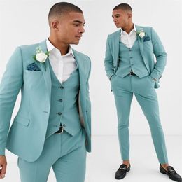 Mint Green Mens Suits Slim Fit 3 Pieces Beach Groomsmen Wedding Tuxedos For Men Peaked Lapel Formal Prom Suit Jacket Pan201D