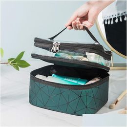 Other Health Beauty Items Portable Double Layer Cosmetic Bags Diamond Lattice Mti-Function Toiletry Pouch Waterproof Large Capacit Dhcqm