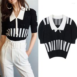 Women's Sweaters Striped Knit Fashion Puff Sleeves Women Seater Tees Polo Neck Elegant Lady Knitted Summer T-Shirt Tops Clothes