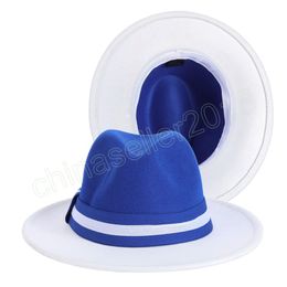 White and Blue Patchwork Fedora Hats Women Men Wide Brim Two-Colors Party Felted Cap Trilby Dress Church Hat