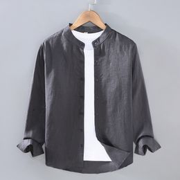 Mens Casual Shirts Pure Linen Long Sleeved Shirt Spring And Summer National Style Standing Collar Oversized Loose Versatile Trendy 230726