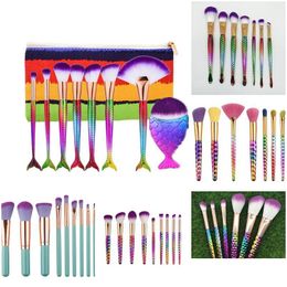 Other Health Beauty Items Mermaid Blending Makeup Brush Sets 3D Flower Foundation Cosmetic Diamond Kit Thread Make Up Rainbow Brushe Dhy5K