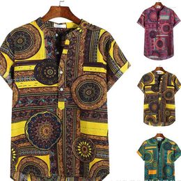 Ethnic Clothing 2023 Fashion African Clothes For Man Cotton Geometric Print T-Shirt Male Loose Casual Men's Short-Sleeved Beach Shirts