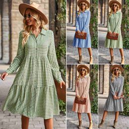 Basic Casual Dresses Independently designed 2023 new large swing long sleeved dress plaid casual long skirt T230727