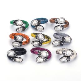 Wedding Rings Freshwater Pearl Tail End Bead Charms Multi Colors Real Snake Leather Wrap Open Adjustable Rings Cuff For Women 230726