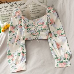 Womens Blouses Shirts Women Design Crop Tops Long Sleeve Square Collar Floral Spring Allmatch Leisure Chic Korean Style Elegant Female Ins 230726