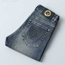 Luxus-Herrenjeans Designer-Herbstmode-Markenjeans Herren-Slim-Fit-Hosen Slim-Fit-Hosen mit dicker Stickerei in Blau und Grau