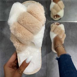 Slippers 2022 Winter Women's Fur Slide Soft Plush Cross Artificial Fur Shoes Indoor Women's Platform Sandalias Open Toe Fluffy House Slide Z230805