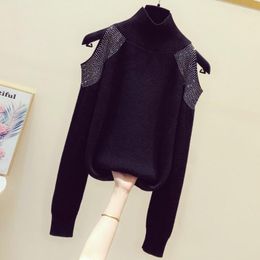 Women's Sweaters Shine Beaded Knitted Women Sweater Pullovers Autumn Off-Shoulder Solid Long-Sleeved Loose Lady Pulls Outwear Tops