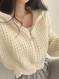 Women's Knits Tees White Cropped Knitted Cardigan Women Sweater Ladies Korean Zipper Loose Tops Autumn Long Sleeve Casual Casaco Feminino 230727