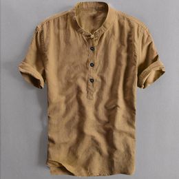 Mens Casual Shirts Henley Shirt Cool And Thin Breathable Summer Button Stand Collar Cotton Linen Hawaii Beachwear Blouse Chemise 230726