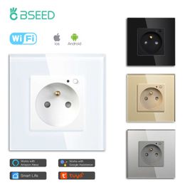 Smart Power Plugs Bseed Wifi Wall Socket France Standard Crystal Glass Panel Smart Socket Outlets Work With Tuya Home Alexa Timer APP HKD230727