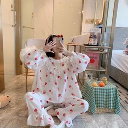 Women's Sleepwear 2023 Two Pieces Cotton Round Neck Printing Cute Home Wear Pyjamas Loose Bedroom Set Loungewear Ruffle