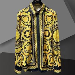 Mens Casual Shirts Luxury Black Gold Full Flower Shirt Men Camisa Masculina Slim Triangle Print Dress Plaid 230726