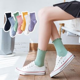 Women Socks Women's Happy Ruffle Frilly Black White Purple Cute Autumn Winter Trendy Solid Colour Soft Cotton Girl 2023