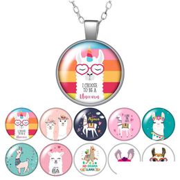 Pendant Necklaces Cute Alpaca No Drama Llama Round Necklace 25Mm Glass Cabochon Sier Color Jewelry Women Party Birthday Gift 50Cm Drop Dhhlr