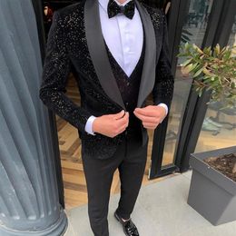 Sparkly Black Groom Tuxedos Mens Morning Suits Stage Cosplay Men Party Suits Wedding Man Blazer Jacket Vest Pants231i