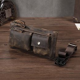 Waist Bags Crazy Horse Leather men Casual Fashion Travel Fanny Waist Belt Chest Pack Sling Bag Design Bum Phone Cigarette Case Male 811-29 230727