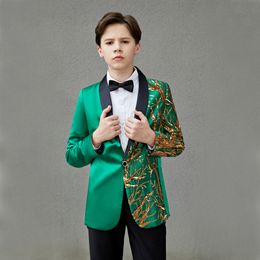 Suits Boy's Green Sequin Wedding For Kid Shawl Lapel JacketPants Children Formal Party Prom Wear 2PCS Piano Performance Dress 230726