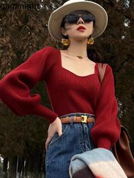 Women's Sweaters Gaganight Women Vintage Red Square Neck Lantern Sleeve Sweater Autumn Winter Style Long Slim Short Knitwear 230727