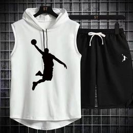 Men's Tracksuits Summer Mens Muscle Hoodie Vest Sleeveless Bodybuilding Gym Workout Fitness Shirt High Quality Vest Hip Hop Sweatshirt suit 230727