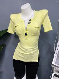 Women's T Shirts Button Slim Sexy Women T-Shirts Summer 2023 Elastic Short-Sleeved Pocket Female Pulls Tops Tees