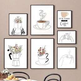 Nordic Flowers Wall Art Pictures Print Minimalist Line Coffee Canvas Painting Cafe Shop Posters Kitchen Wall Decor w06