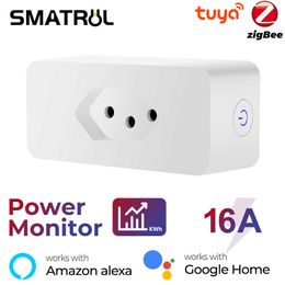 Smart Power Plugs Brazil Power Monitor 16A Tuya Smart Zigbee Socket Plug Wireless Outlet with Timer Adaptor Voice Works with Alexa Home HKD230727