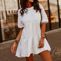 Casual Dresses Summer Short Dress 2023 O Neck Puff Sleeve Fashion Vintage Ruffled Hem O-Neck Mini Women Vestidos