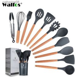 AJOYOUS 12Pcs Khaki Silicone Cooking Utensils Set Non-Stick Spatula Shovel  Wooden Handle Cooking Tools Kitchen Tools Ser