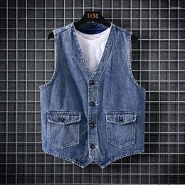 Men's Vests 2023 Spring Summer Men Denim Vest Jacket Fashion Loose Personality Back Strap Casual Blue Male Sleeveless Jean Coat
