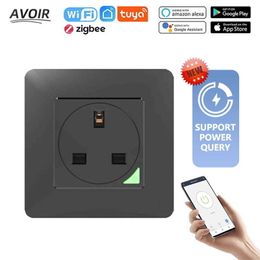 Smart Power Plugs Avoir Zigbee Smart Power Socket With Timer UK Standard Plug Black PC Panel Tuya Wifi Connect Voice Control Work With Home HKD230727