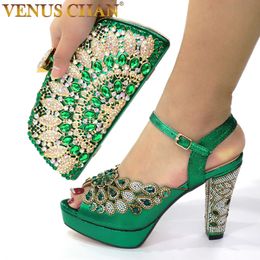 Sandals GREEN With Print Desgin Shoes And Evening Bag Set Sandal Shoes With Handbag Heel Height 10.5CM 230726