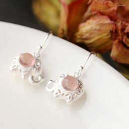 Dangle Earrings 925 Sterling Silver Manual Elephant With Natural Strawberry Crystal